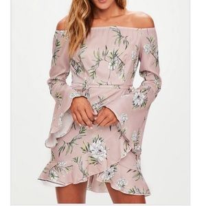 Missguided Pink Floral Ruffle Bardot Tea Dress